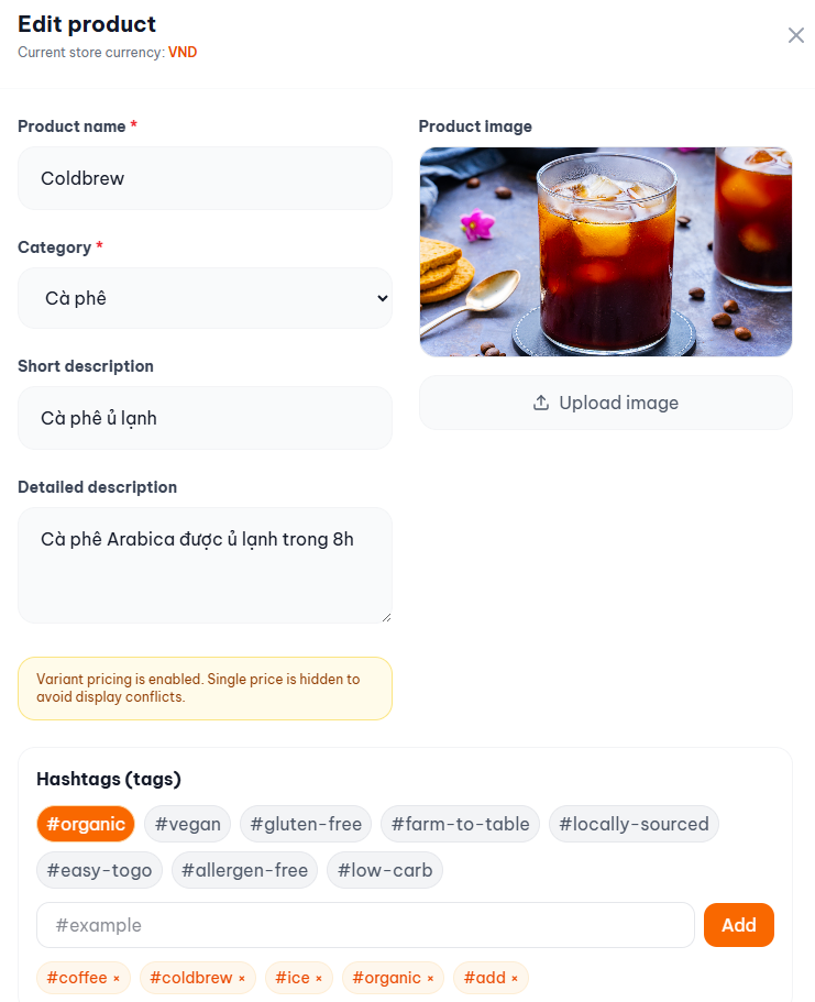 Cài đặt thông tin quán F&B địa chỉ số điện thoại hotline và tải lên logo thương hiệu