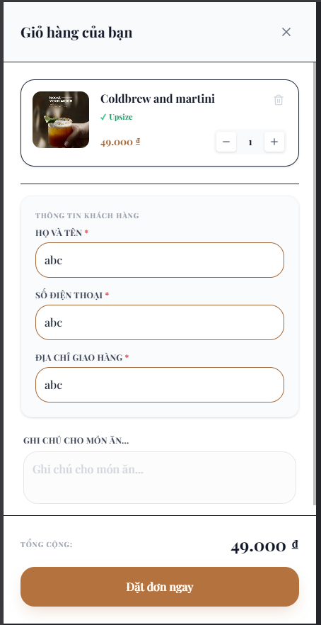 Ngăn giỏ hàng Checkout Drawer tích hợp thanh toán quét mã VietQR động theo từng số bàn